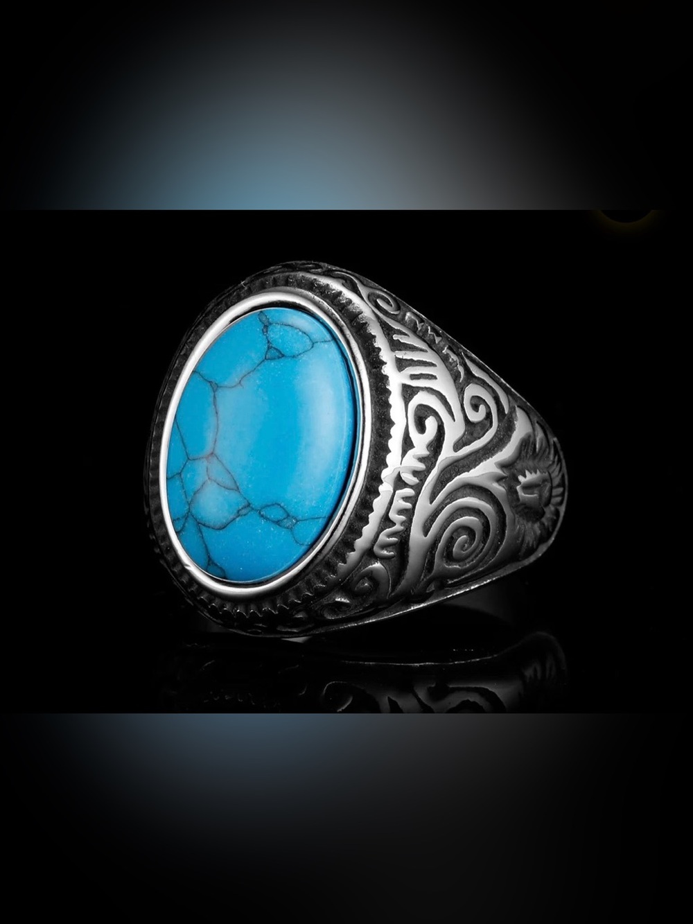 Western Turquoise Statement Ring Size 11 Silver Tone Engraved Oval Cabochon - Picture 3 of 9